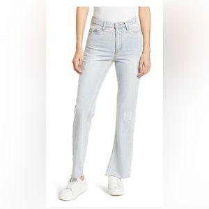 Shop Avec Les Filles Straight Leg Jeans W/ Slit Hem In Mid Blue Wash, size 30